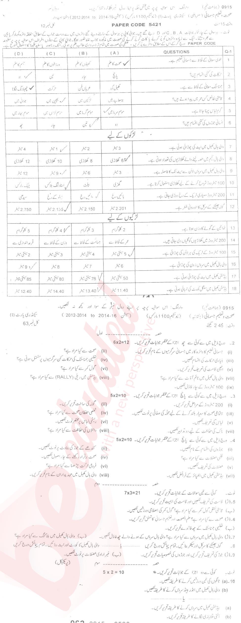 Health and Physical Education 9th Urdu Medium Past Paper Group 1 BISE Sargodha 2015