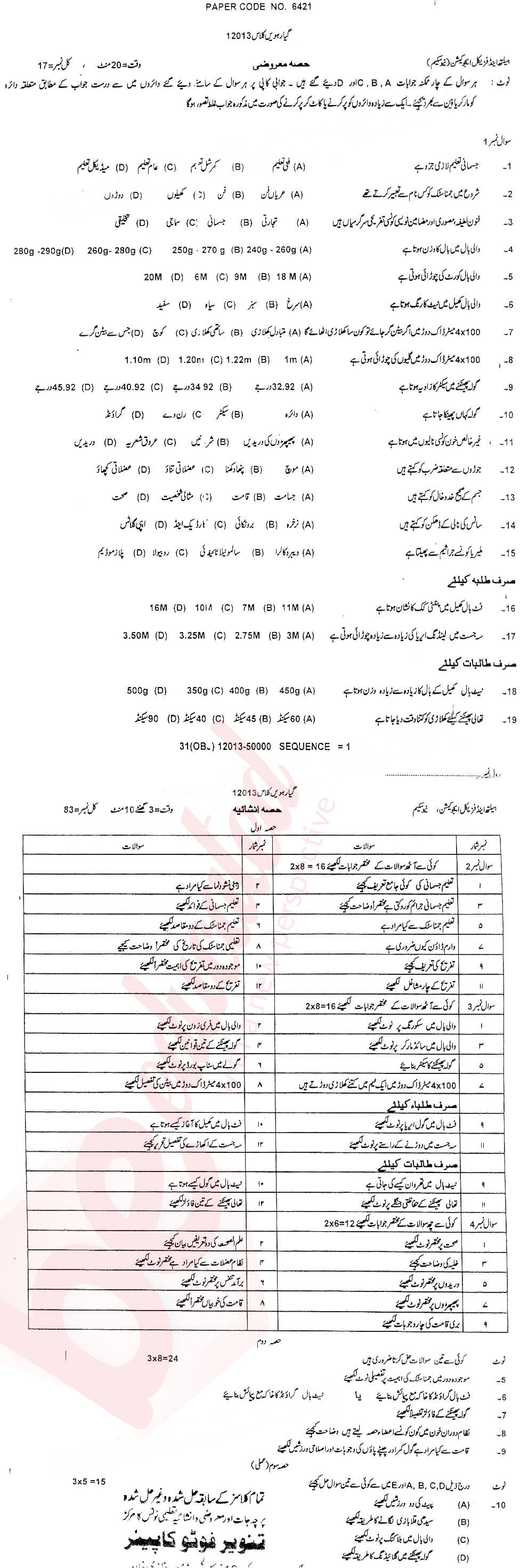 Health and Physical Education FA Part 1 Past Paper Group 1 BISE DG Khan 2013