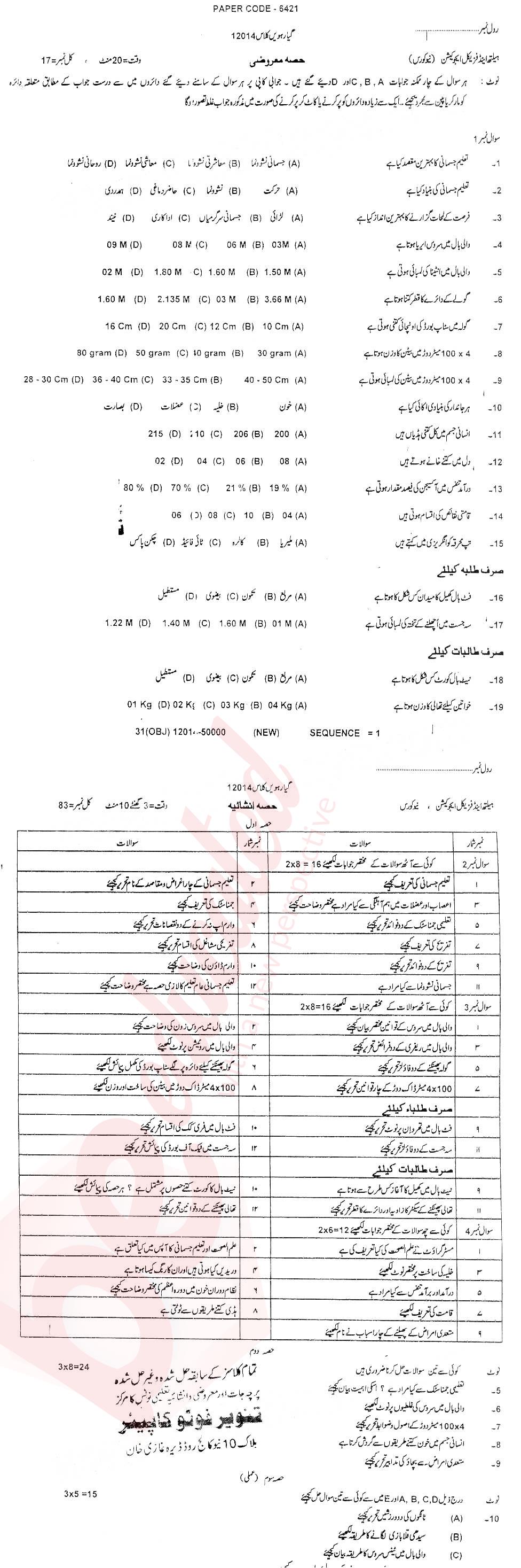 Health and Physical Education FA Part 1 Past Paper Group 1 BISE DG Khan 2014