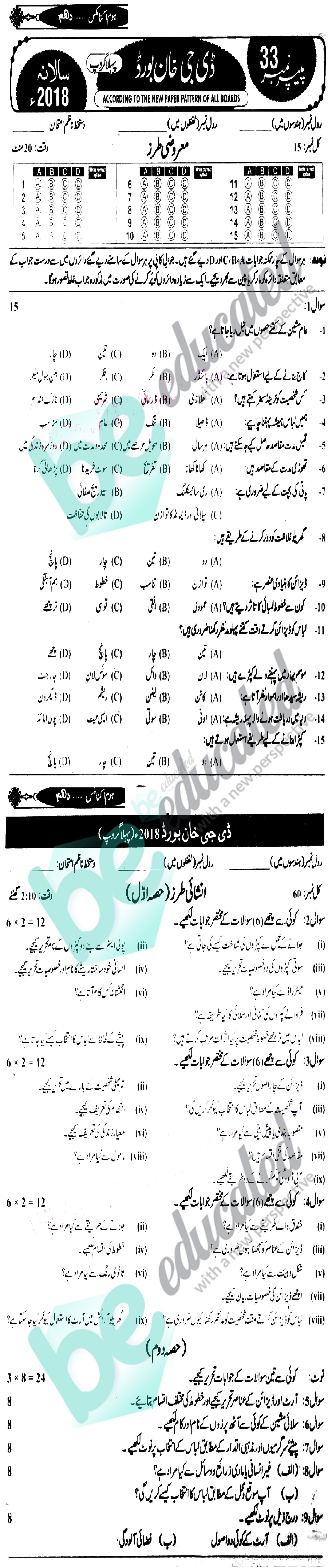 Home Economics 10th class Past Paper Group 1 BISE DG Khan 2018