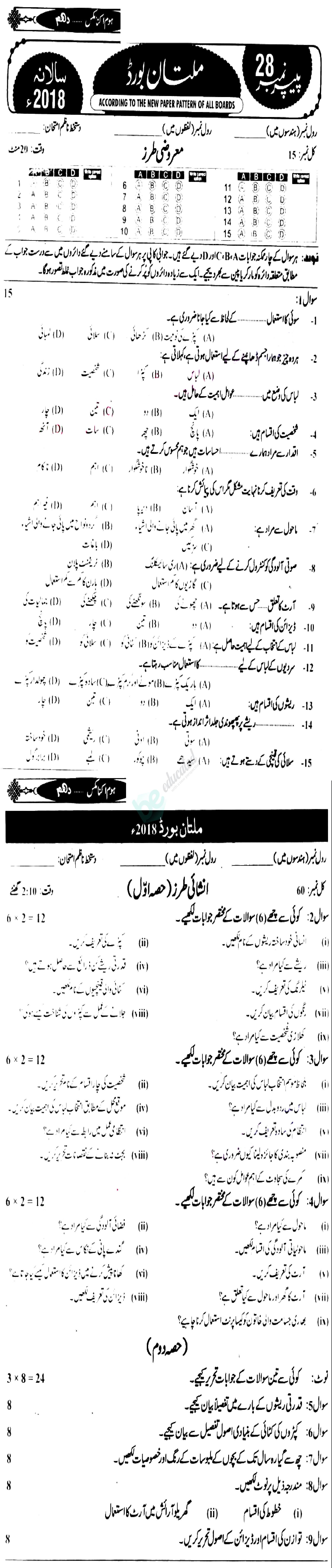 Home Economics 10th class Past Paper Group 1 BISE Multan 2018