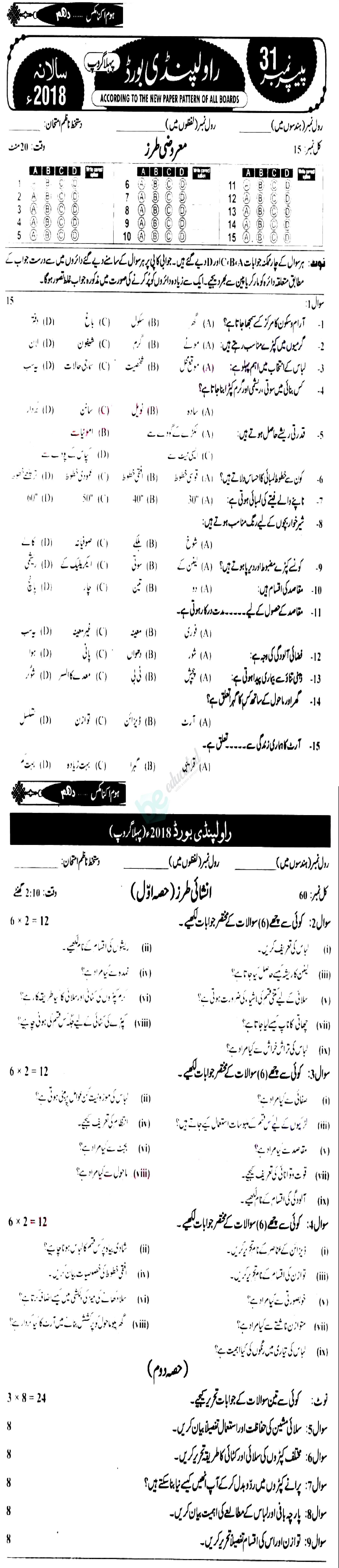 Home Economics 10th class Past Paper Group 1 BISE Rawalpindi 2018