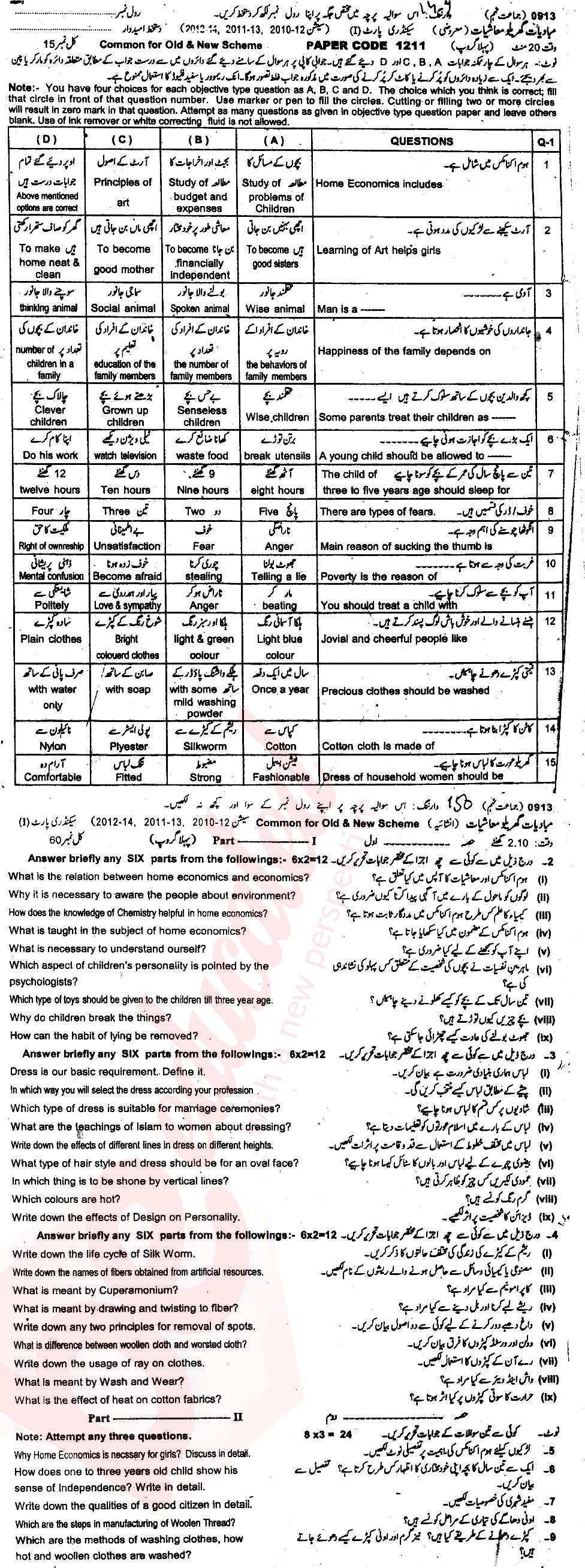 Home Economics 10th class Past Paper Group 1 BISE Sargodha 2013