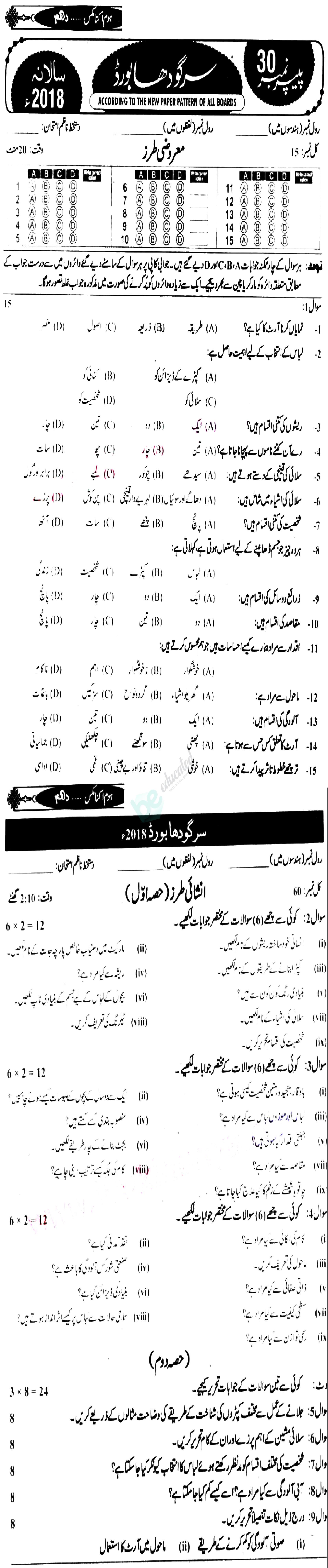 Home Economics 10th class Past Paper Group 1 BISE Sargodha 2018