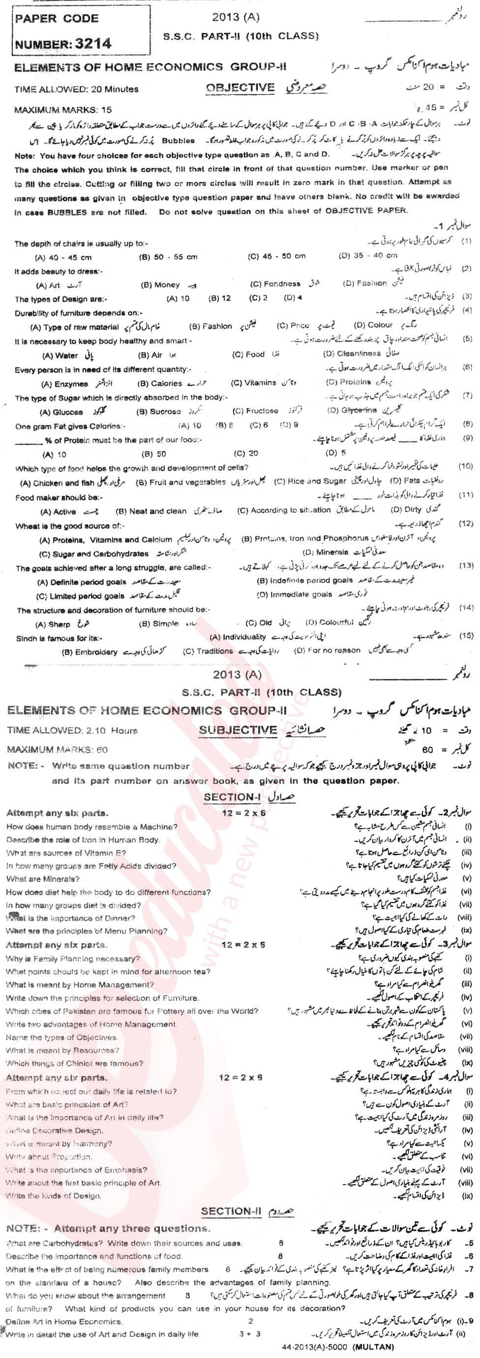 Home Economics 10th class Past Paper Group 2 BISE Multan 2013