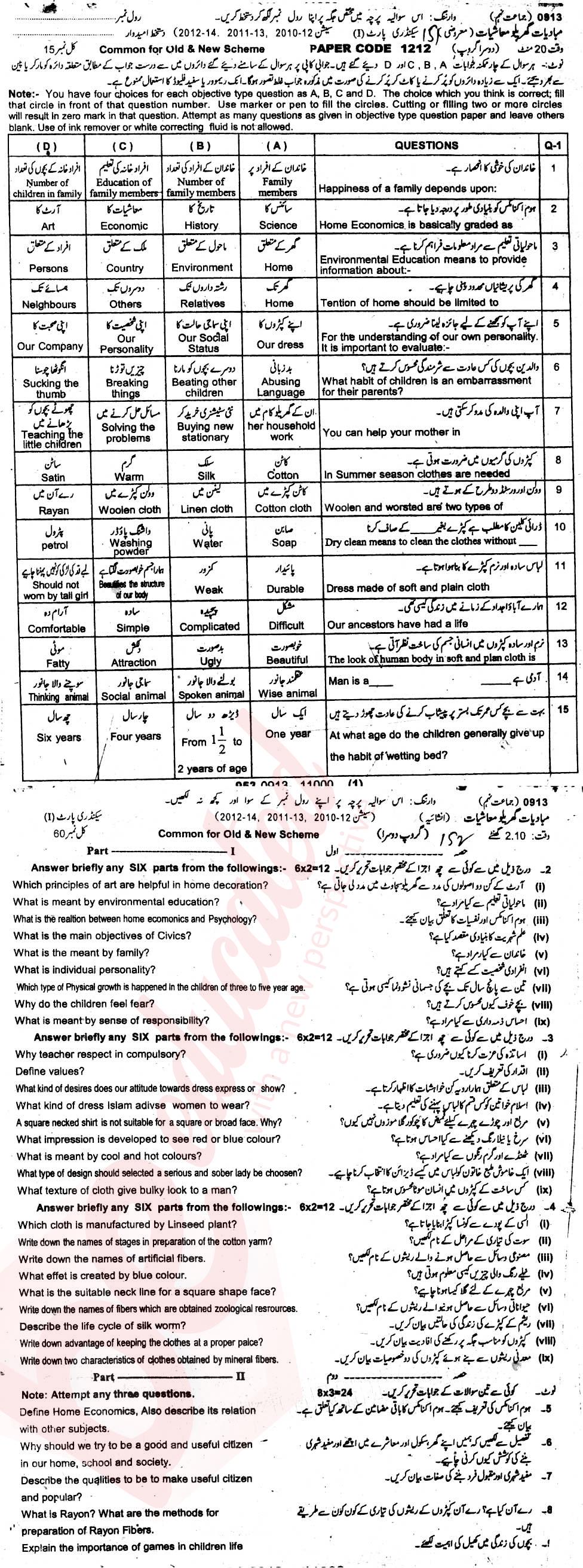 Home Economics 10th class Past Paper Group 2 BISE Sargodha 2013