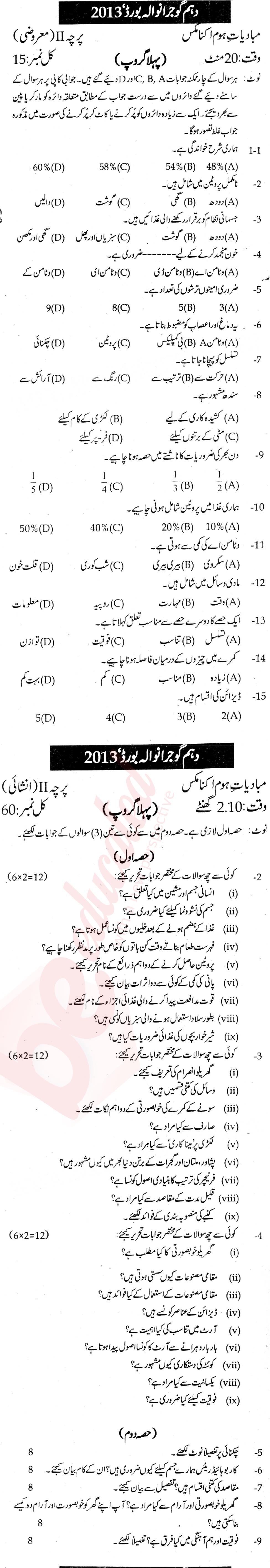 Home Economics 10th Urdu Medium Past Paper Group 1 BISE Gujranwala 2013