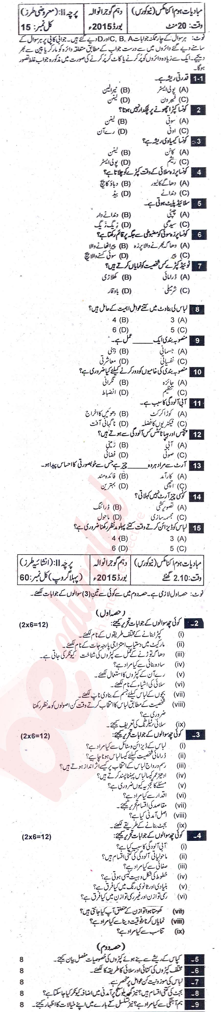 Home Economics 10th Urdu Medium Past Paper Group 1 BISE Gujranwala 2015