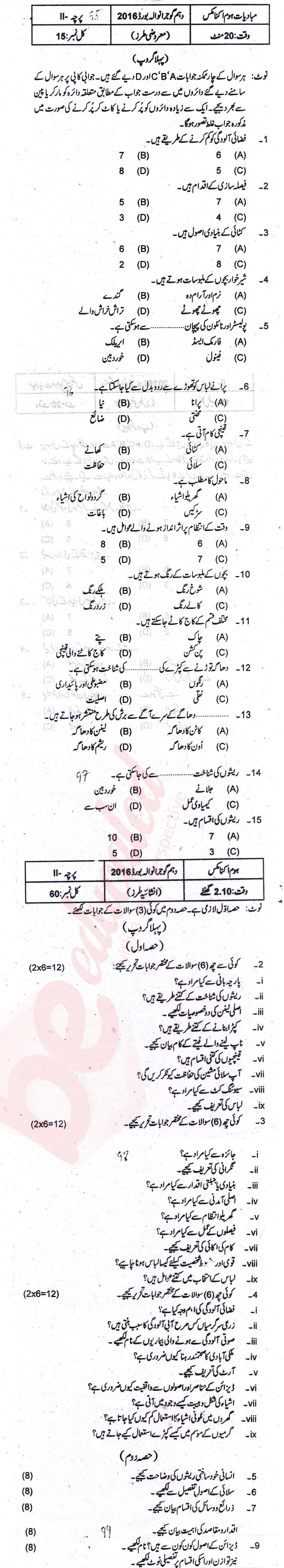 Home Economics 10th Urdu Medium Past Paper Group 1 BISE Gujranwala 2016