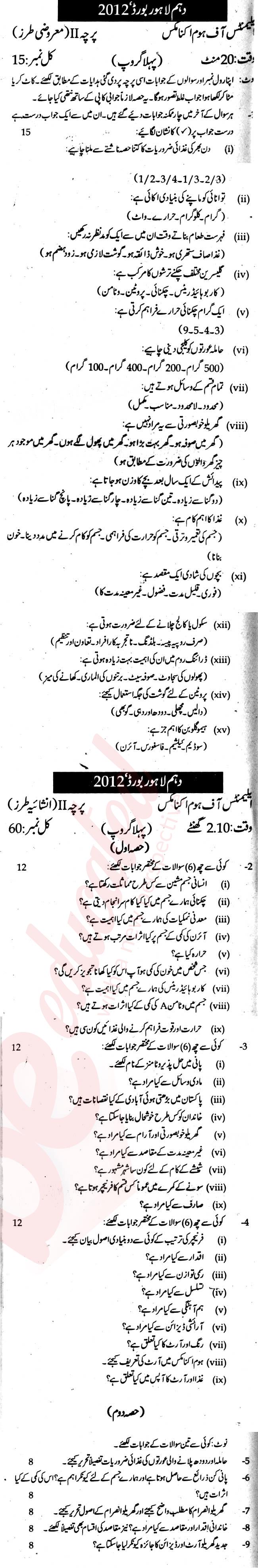 Home Economics 10th Urdu Medium Past Paper Group 1 BISE Lahore 2012
