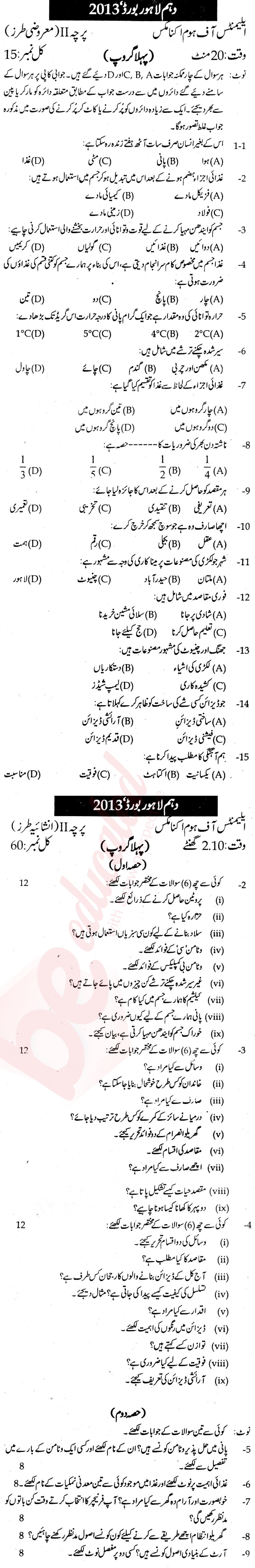 Home Economics 10th Urdu Medium Past Paper Group 1 BISE Lahore 2013