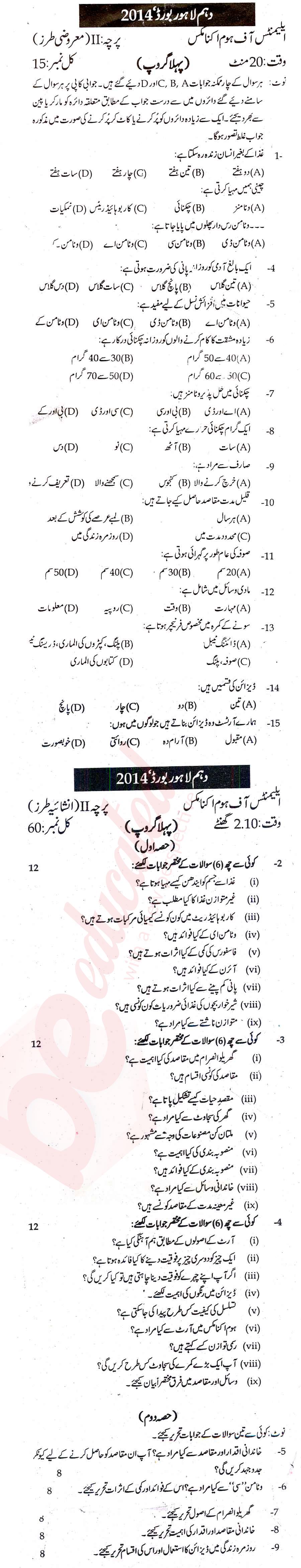 Home Economics 10th Urdu Medium Past Paper Group 1 BISE Lahore 2014