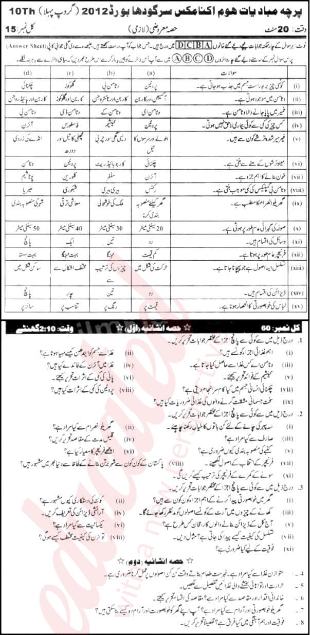 Home Economics 10th Urdu Medium Past Paper Group 1 BISE Sargodha 2012