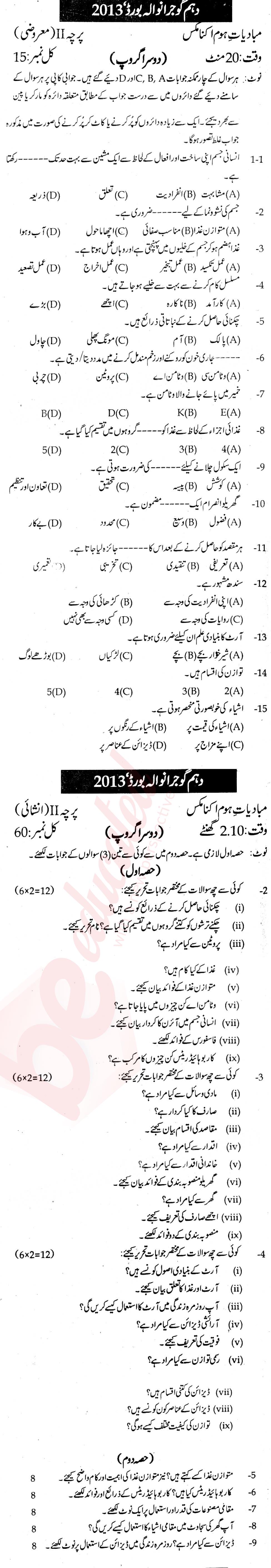 Home Economics 10th Urdu Medium Past Paper Group 2 BISE Gujranwala 2013
