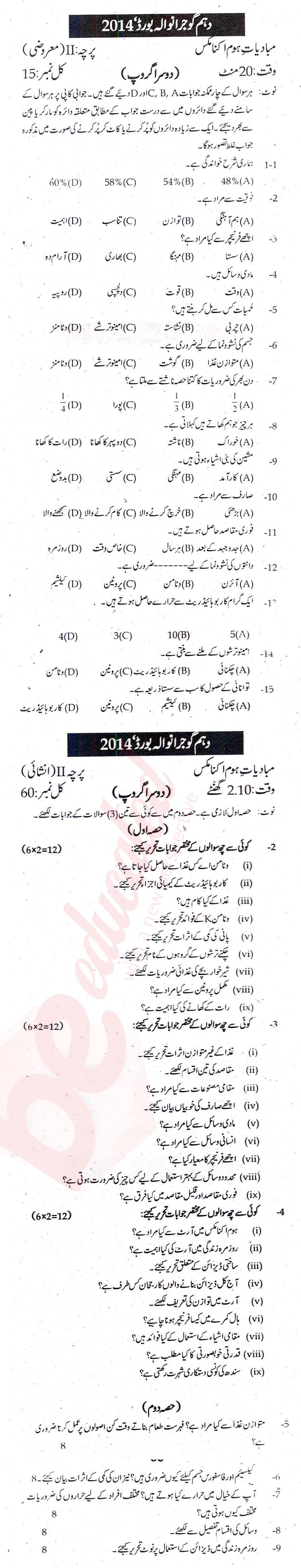 Home Economics 10th Urdu Medium Past Paper Group 2 BISE Gujranwala 2014