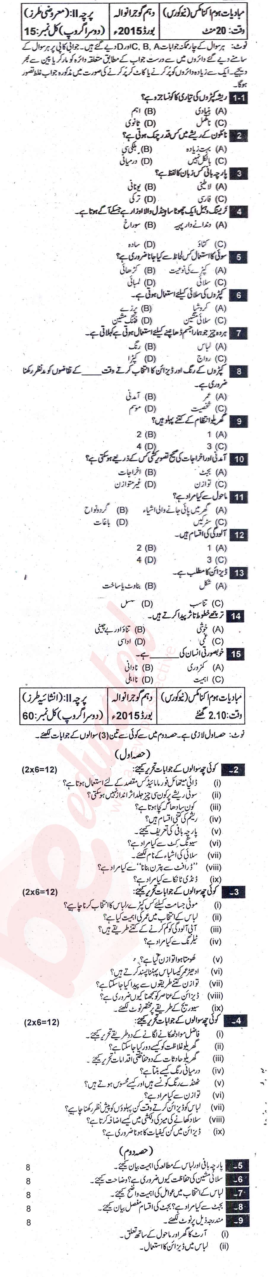 Home Economics 10th Urdu Medium Past Paper Group 2 BISE Gujranwala 2015