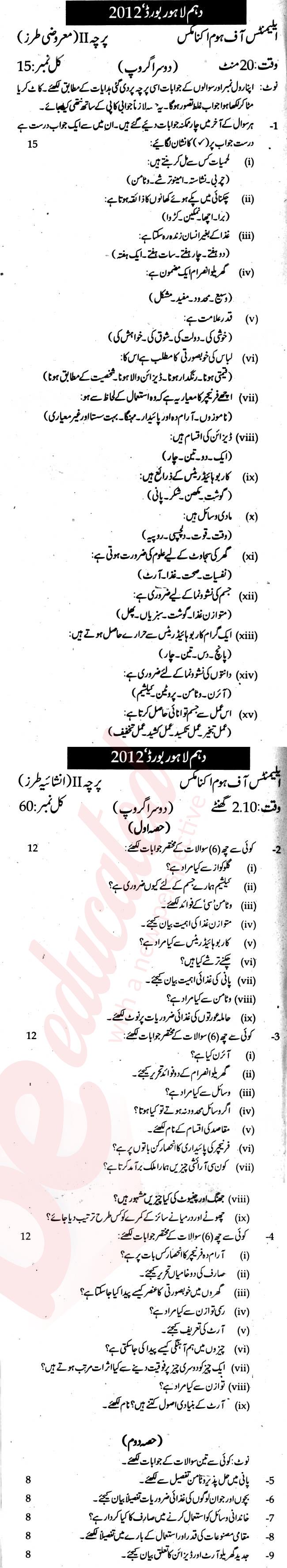 Home Economics 10th Urdu Medium Past Paper Group 2 BISE Lahore 2012