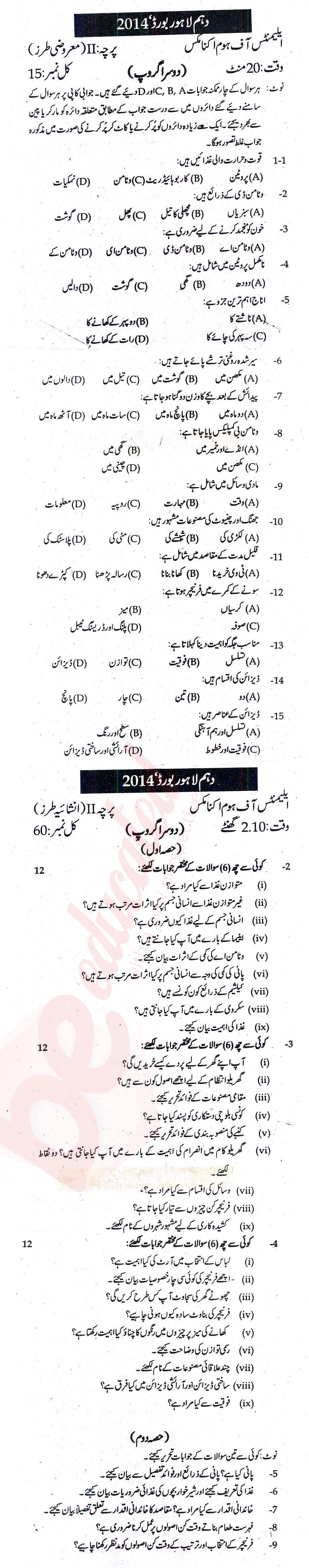Home Economics 10th Urdu Medium Past Paper Group 2 BISE Lahore 2014