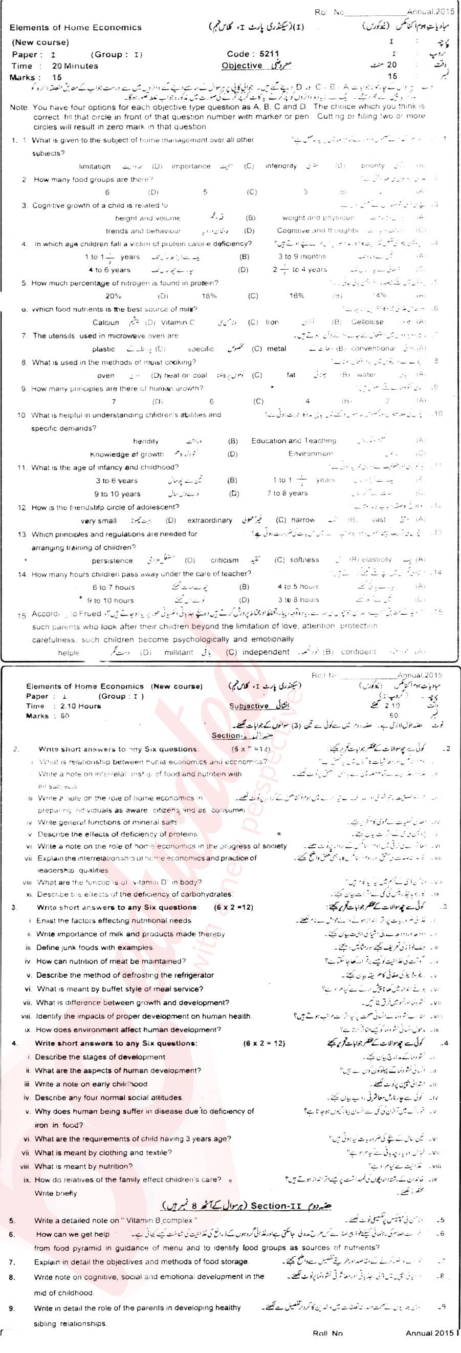 Home Economics 9th class Past Paper Group 1 BISE Sahiwal 2015