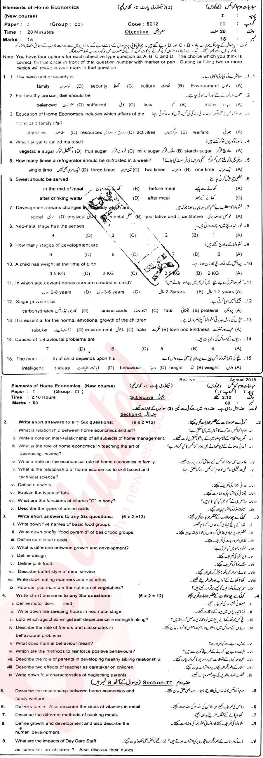 Home Economics 9th class Past Paper Group 2 BISE Sahiwal 2015