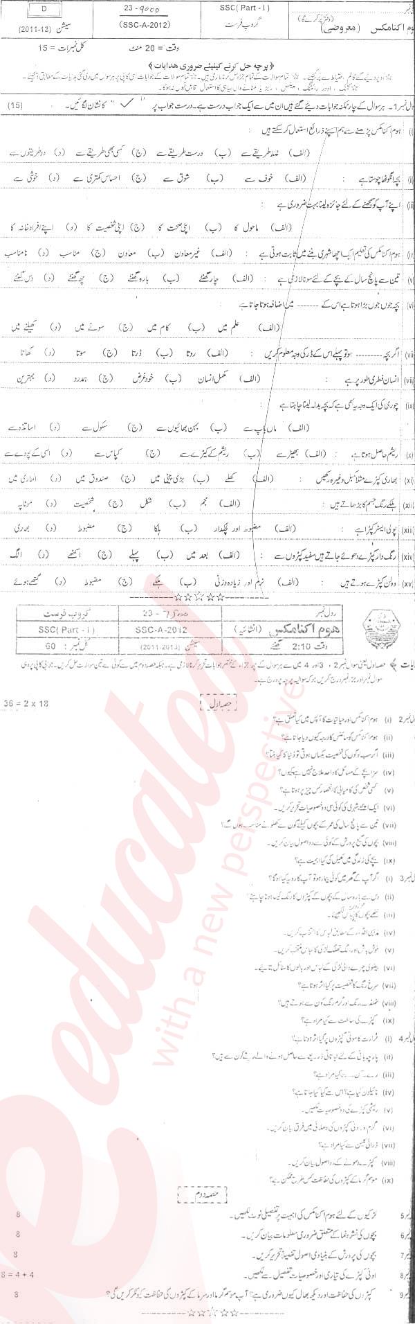 Home Economics 9th Urdu Medium Past Paper Group 1 BISE Bahawalpur 2012