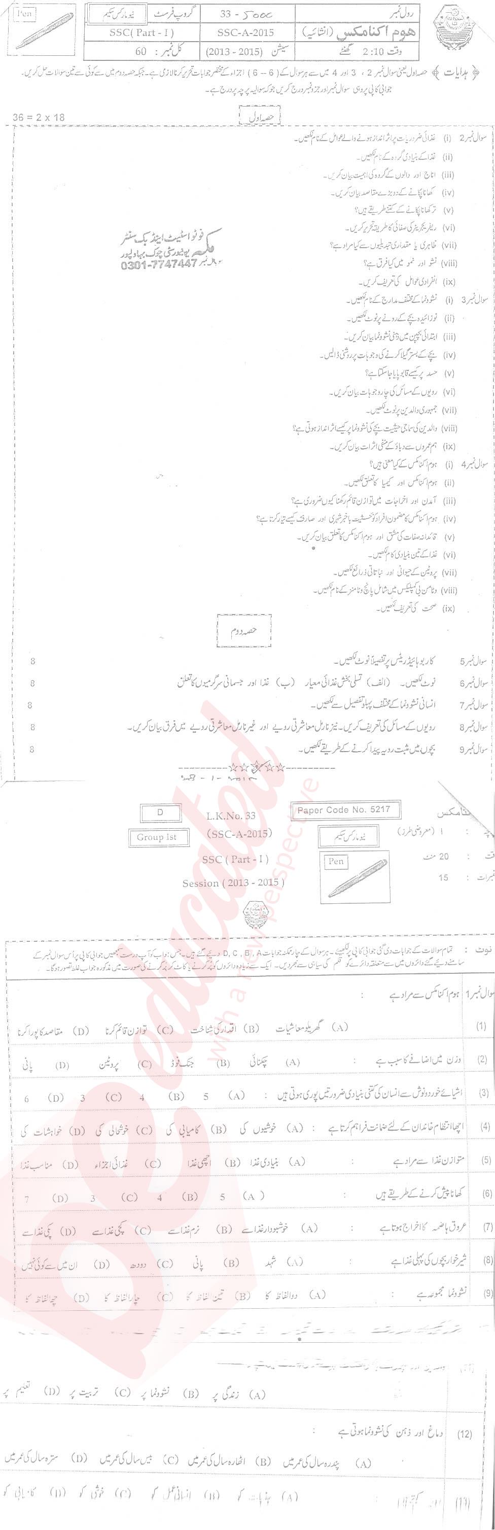 Home Economics 9th Urdu Medium Past Paper Group 1 BISE Bahawalpur 2015