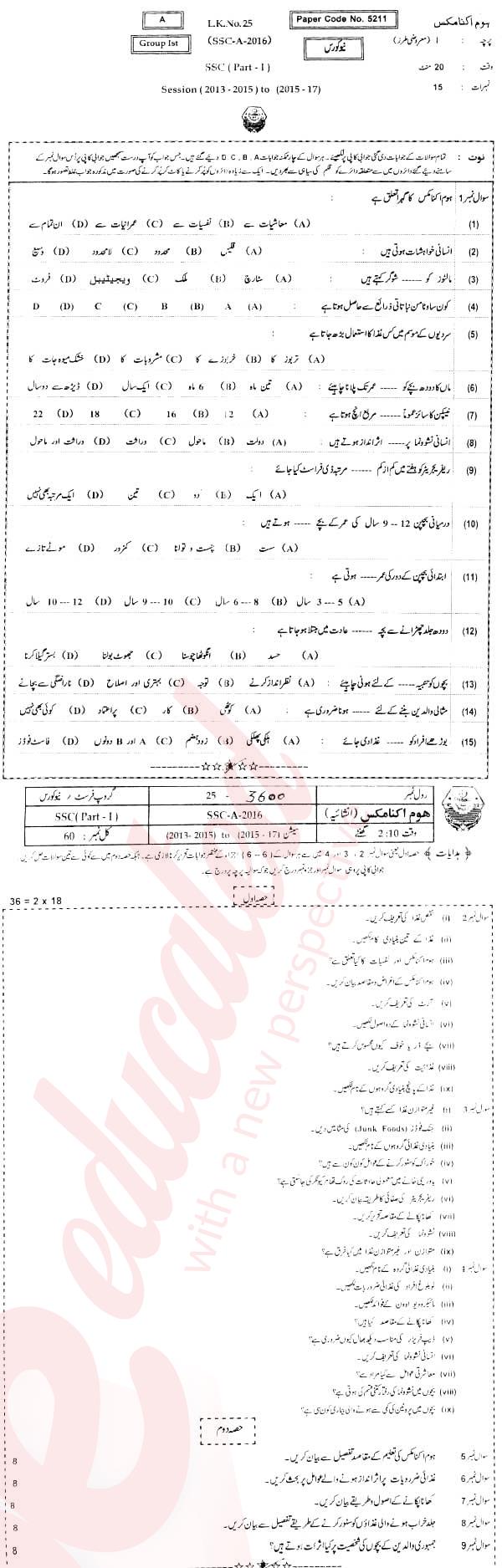 Home Economics 9th Urdu Medium Past Paper Group 1 BISE Bahawalpur 2016