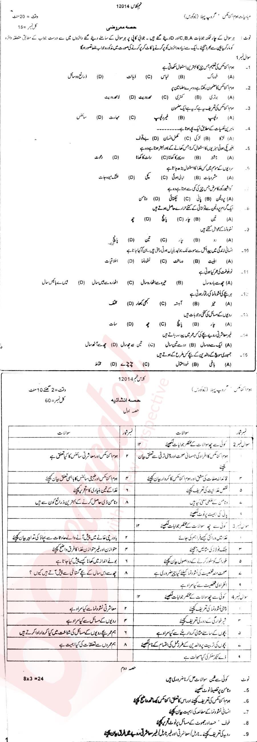 Home Economics 9th Urdu Medium Past Paper Group 1 BISE DG Khan 2014
