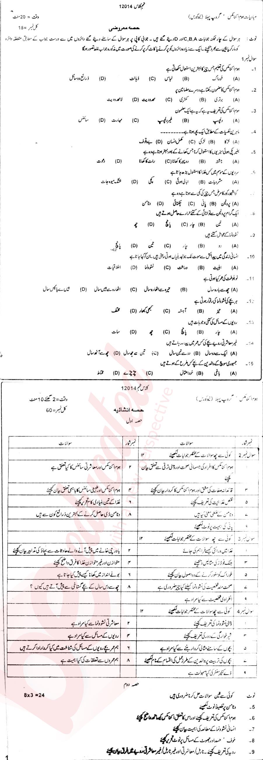 Home Economics 9th Urdu Medium Past Paper Group 1 BISE DG Khan 2014