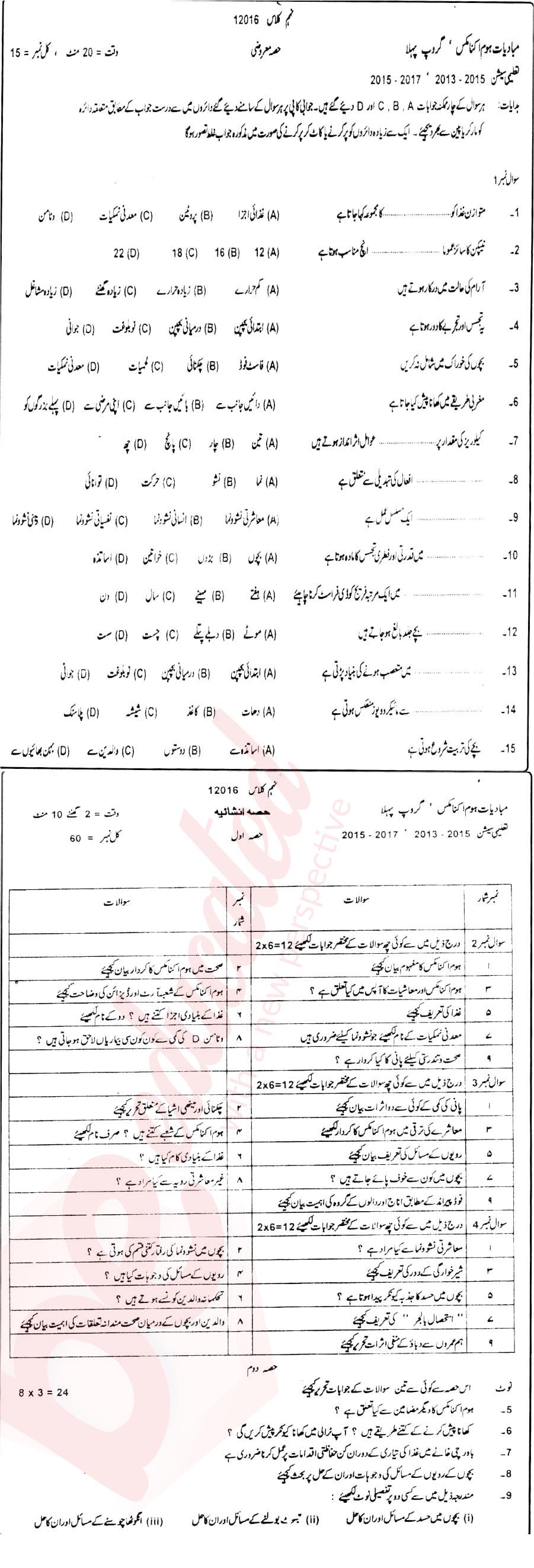 Home Economics 9th Urdu Medium Past Paper Group 1 BISE DG Khan 2017