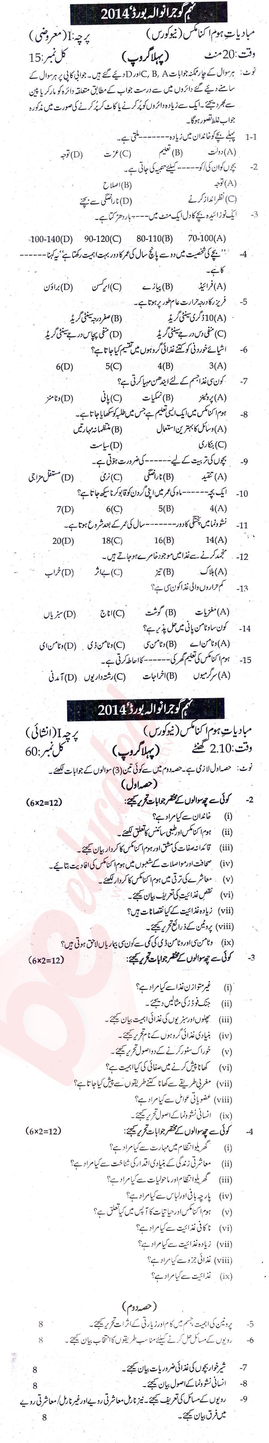 Home Economics 9th Urdu Medium Past Paper Group 1 BISE Gujranwala 2014