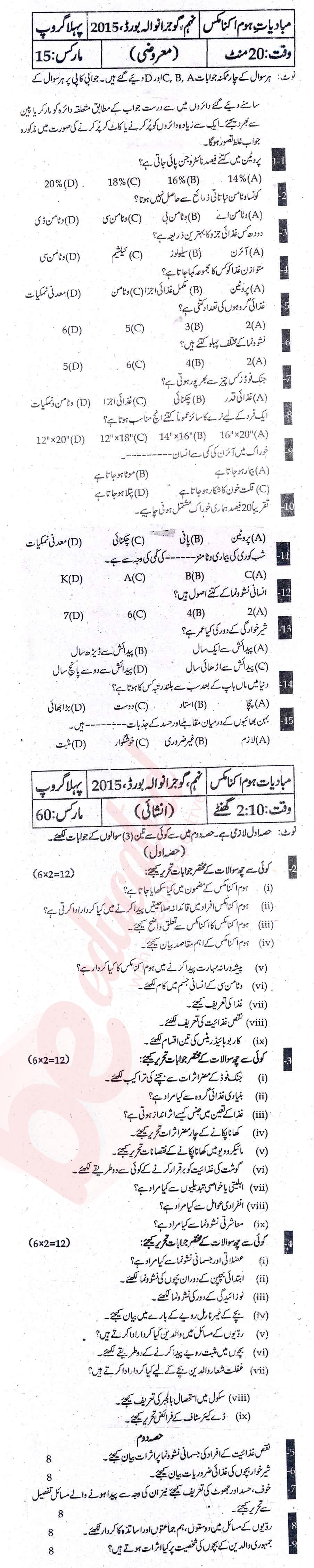Home Economics 9th Urdu Medium Past Paper Group 1 BISE Gujranwala 2015