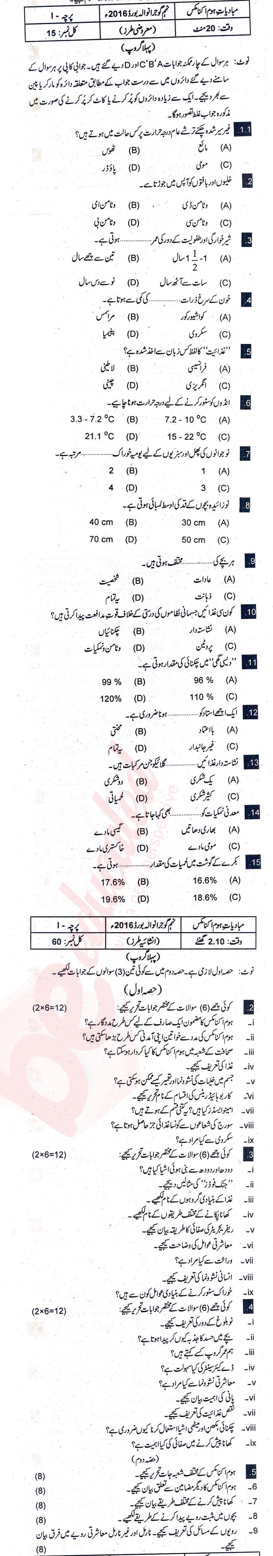 Home Economics 9th Urdu Medium Past Paper Group 1 BISE Gujranwala 2016