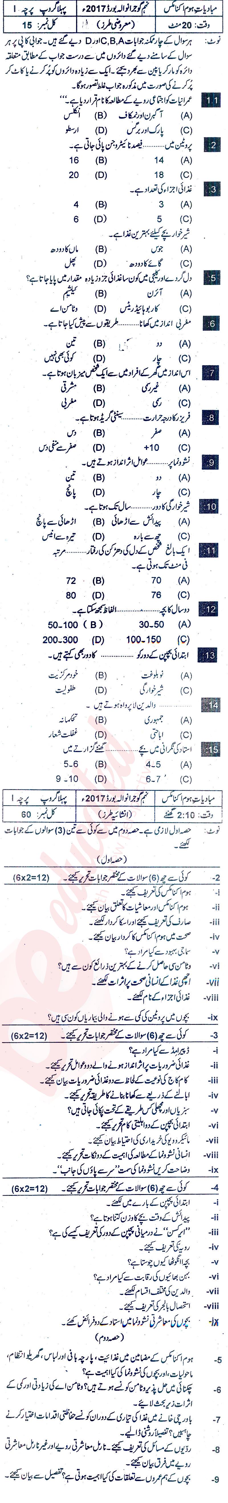 Home Economics 9th Urdu Medium Past Paper Group 1 BISE Gujranwala 2017
