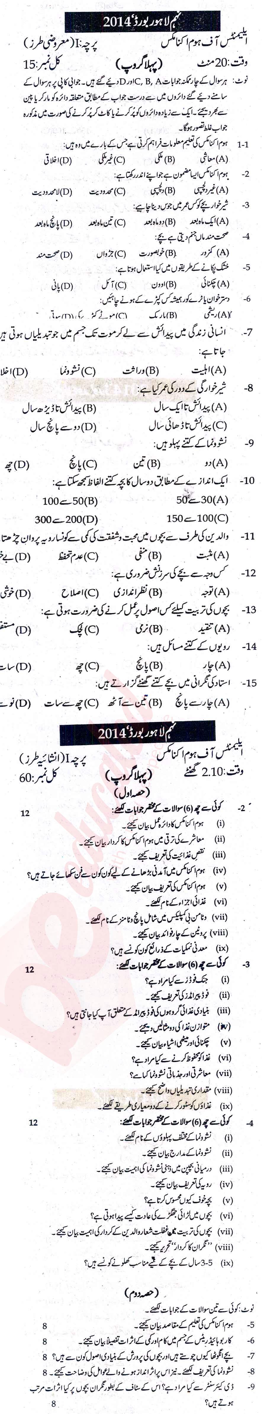 Home Economics 9th Urdu Medium Past Paper Group 1 BISE Lahore 2014