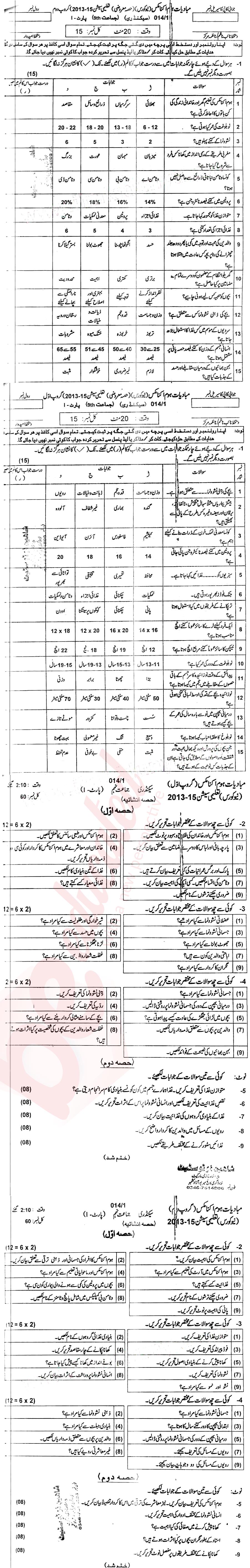 Home Economics 9th Urdu Medium Past Paper Group 1 BISE Mirpurkhas 2014