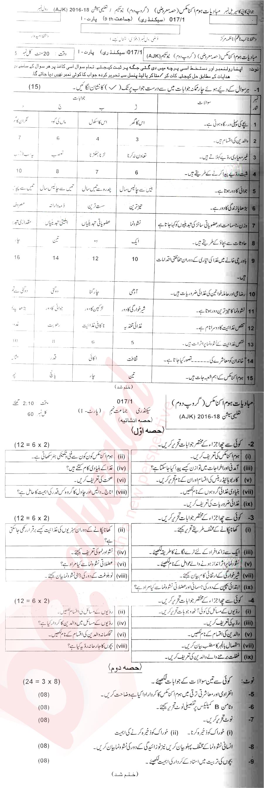 Home Economics 9th Urdu Medium Past Paper Group 1 BISE Mirpurkhas 2017