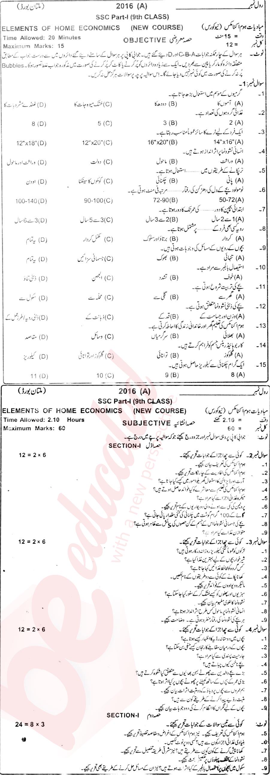 Home Economics 9th Urdu Medium Past Paper Group 1 BISE Multan 2016