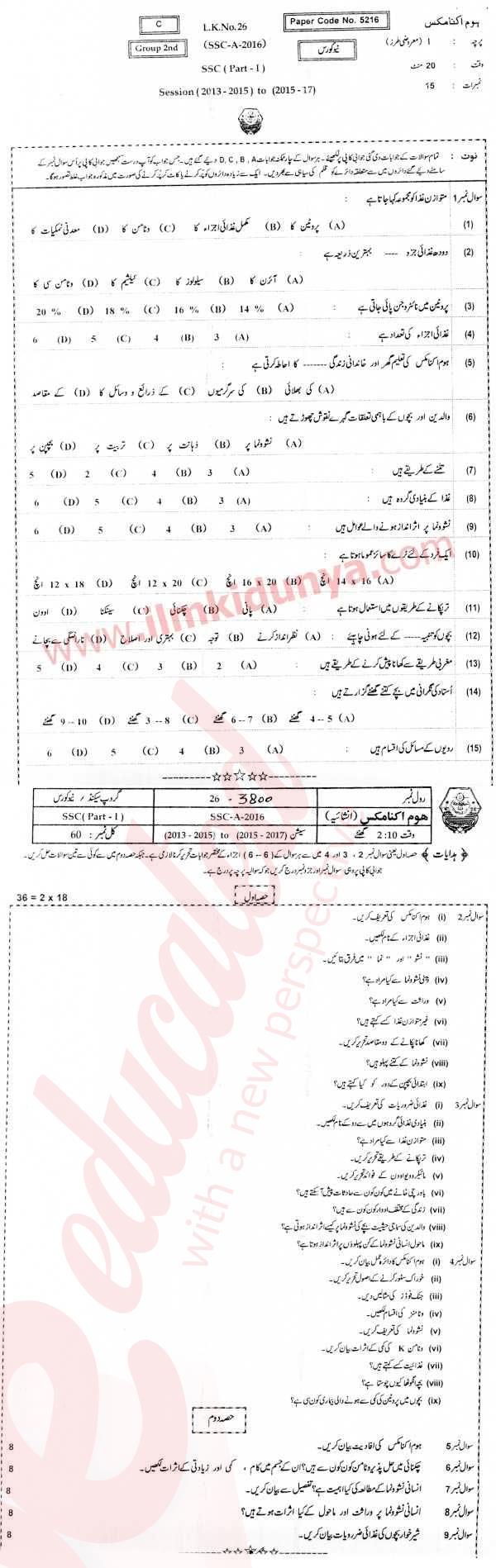 Home Economics 9th Urdu Medium Past Paper Group 2 BISE Bahawalpur 2016