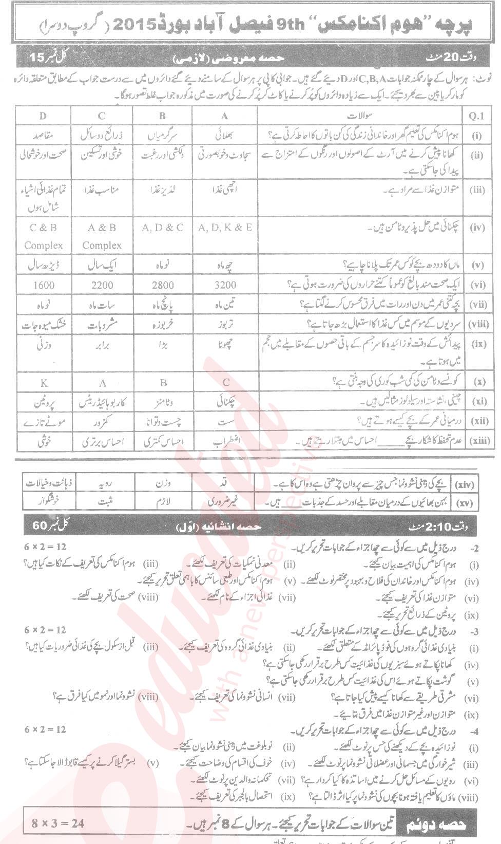 Home Economics 9th Urdu Medium Past Paper Group 2 BISE Faisalabad 2015