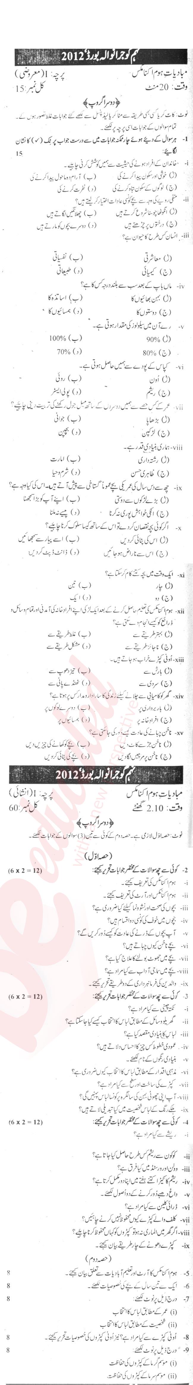 Home Economics 9th Urdu Medium Past Paper Group 2 BISE Gujranwala 2012
