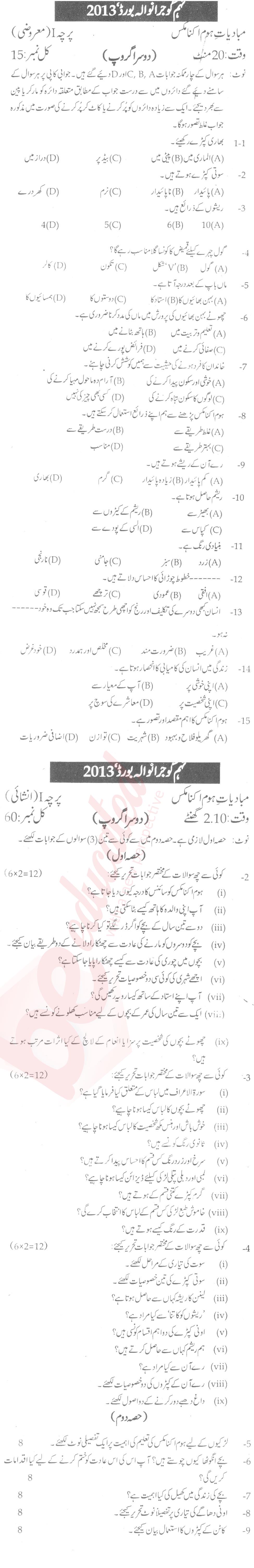 Home Economics 9th Urdu Medium Past Paper Group 2 BISE Gujranwala 2013