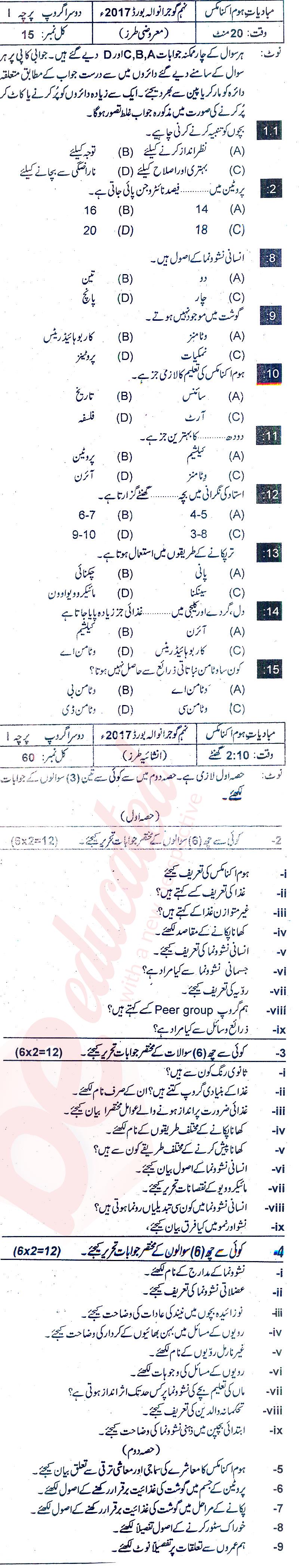 Home Economics 9th Urdu Medium Past Paper Group 2 BISE Gujranwala 2017