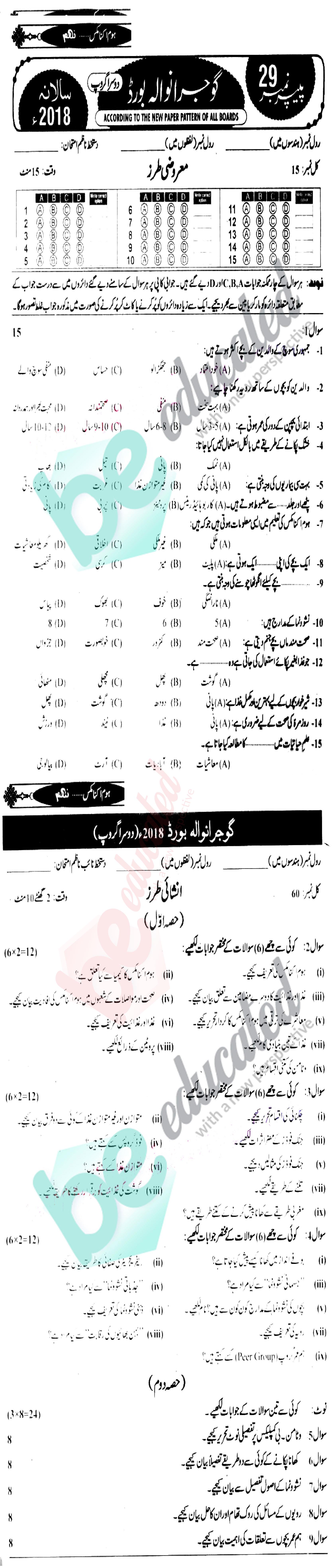 Home Economics 9th Urdu Medium Past Paper Group 2 BISE Gujranwala 2018