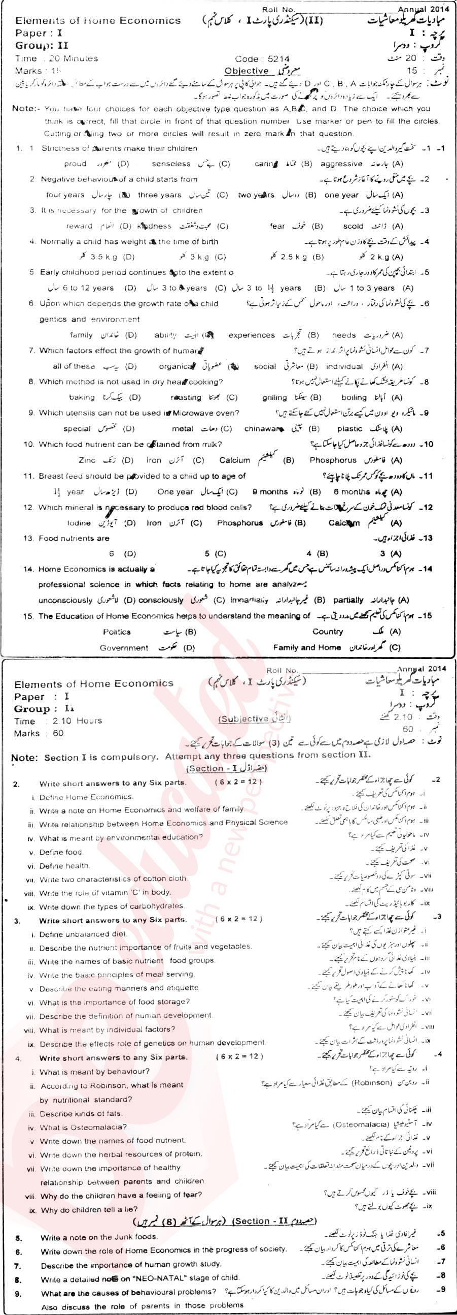 Home Economics 9th Urdu Medium Past Paper Group 2 BISE Sahiwal 2014