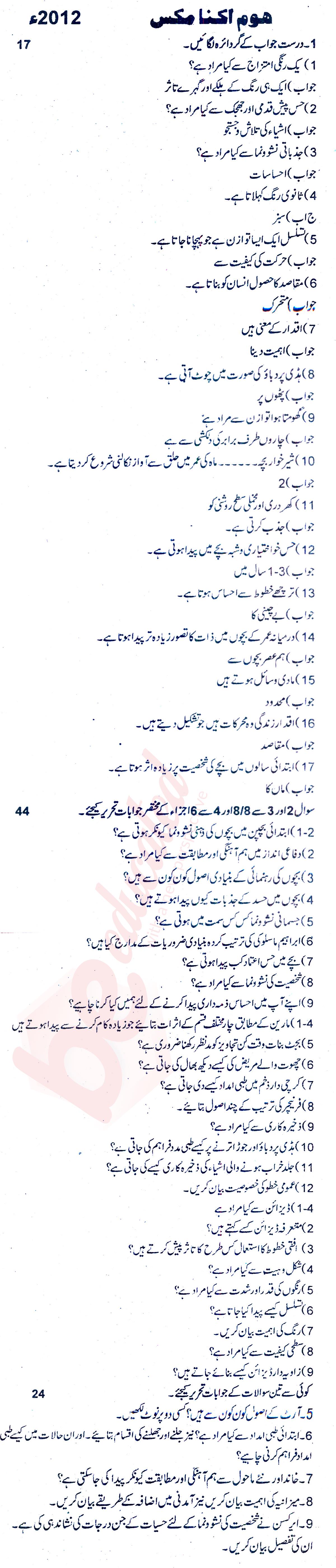 Home Economics FA Part 1 Past Paper Group 1 BISE Rawalpindi 2012