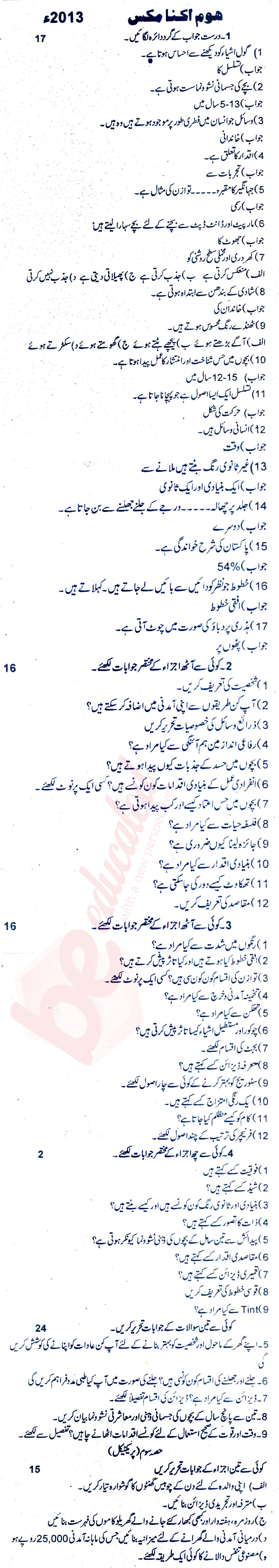 Home Economics FA Part 1 Past Paper Group 1 BISE Rawalpindi 2013