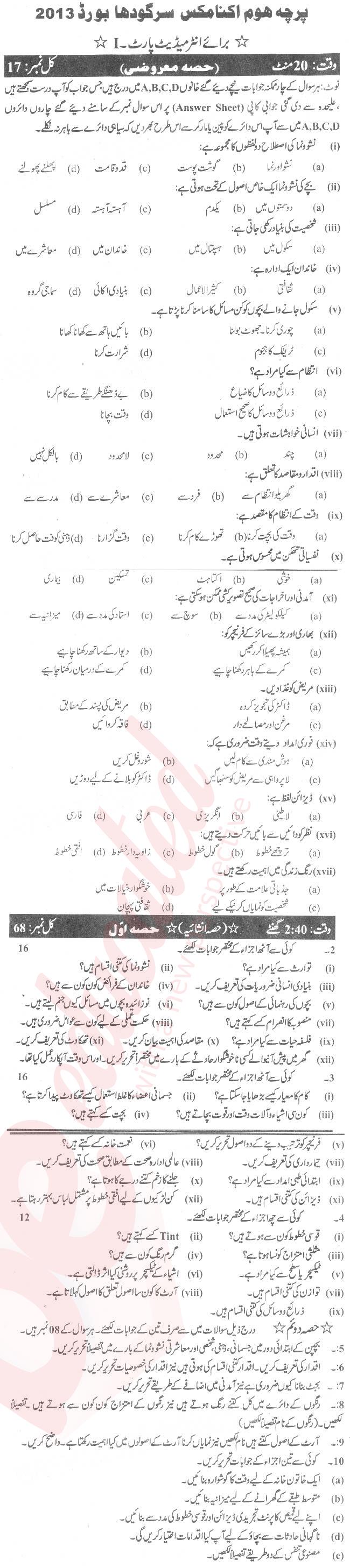 Home Economics FA Part 1 Past Paper Group 1 BISE Sargodha 2013