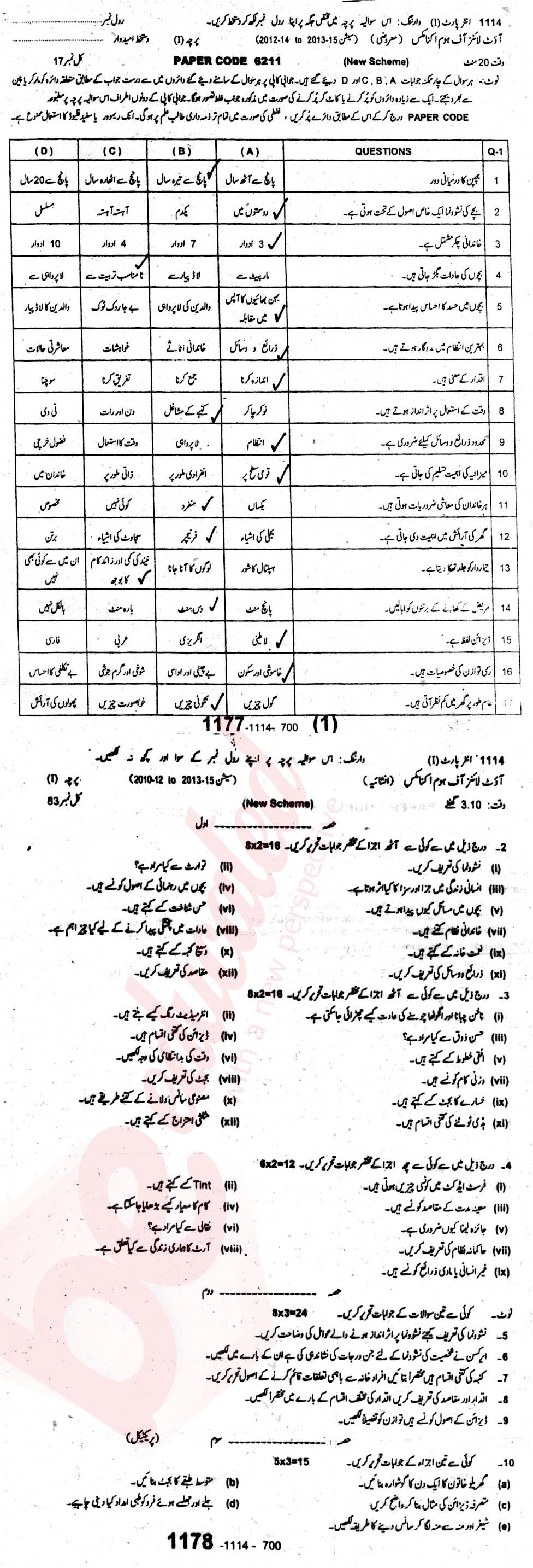 Home Economics FA Part 1 Past Paper Group 1 BISE Sargodha 2014