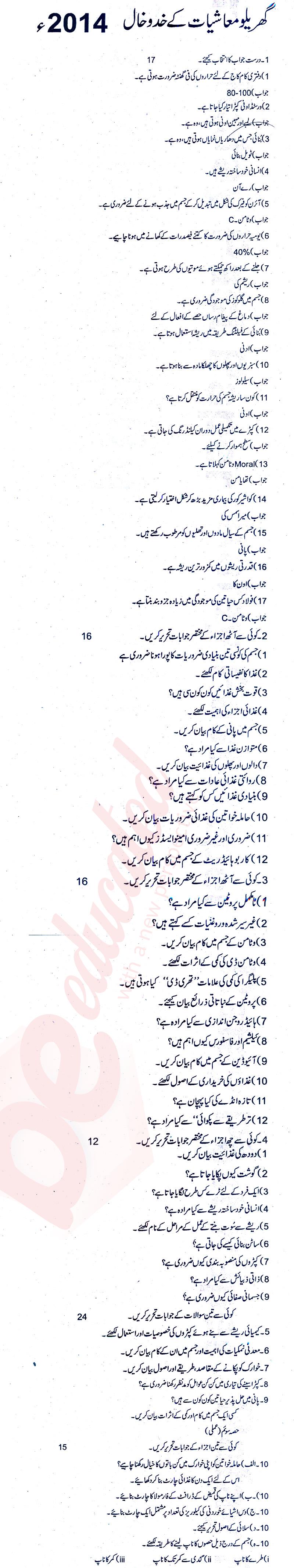 Home Economics FA Part 2 Past Paper Group 1 BISE Rawalpindi 2014